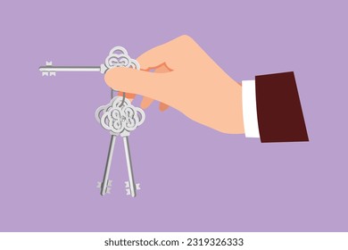 Character flat drawing businessman hand with old keys. Retro style unlock sign and icon. Vintage engraving stylized drawing. Key takeaways design, template, symbol. Cartoon design vector illustration