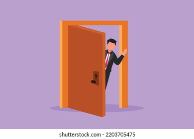 Character flat drawing businessman looking from behind open door. Happy man peeking of door and wave hands. Cheerful male standing in doorway. Waiting guest to come. Cartoon design vector illustration