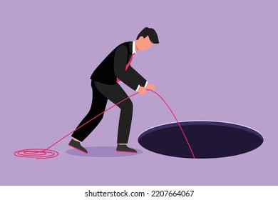 Character flat drawing businessman stretch out rope into hole. Man wondering and looking at the big hole, business concept in opportunity, exploration or challenge. Cartoon design vector illustration