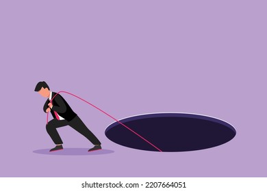 Character flat drawing of businessman trying hard pulling rope to drag something from hole, metaphor to facing big problem. Business struggles in market competition. Cartoon design vector illustration