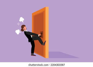 Character flat drawing businesswoman pulling closed door knob with power. Business struggles metaphor. Strength for success in market competition. Open closed door. Cartoon design vector illustration