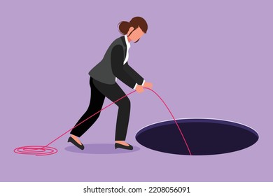 Character flat drawing businesswoman stretch out rope into hole. Woman wondering and looking at big hole, business concept in opportunity, exploration or challenge. Cartoon design vector illustration