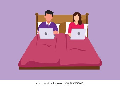 Dibujo plano de carácter pareja ocupada en la cama. Hombre y mujer con ordenador portátil navegando por Internet. Feliz matrimonio antes de dormir. Romántica pareja descansando en un acogedor dormitorio. Ilustración vectorial de diseño de dibujos animados