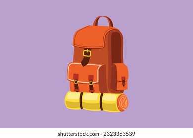 Character flat drawing camping backpack for hiking, trekking, holiday, travel and tourism isolated on blue background. Backpack for camp gears, mats, sleeping bags. Cartoon design vector illustration