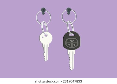 Character flat drawing of car and house keys hanging on wall logo, icon, symbol. Security key property. Real Estate concept, template for sales, rental, advertising. Cartoon design vector illustration