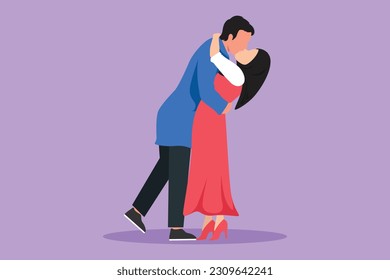 Dibujo plano de carácter alegre niño y niña enamorada besándose. Pareja de amantes besándose y abrazándose. Feliz hombre y mujer árabe celebrando el aniversario de la boda. Ilustración vectorial de diseño de dibujos animados