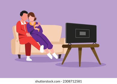 Dibujo plano de carácter pareja alegre viendo la televisión juntos sentados en el sofá. Feliz hombre y hermosa mujer relajándose en la sala de estar. Una pareja romántica divirtiéndose juntos. Ilustración vectorial de diseño de dibujos animados