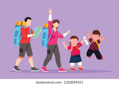Character flat drawing cheerful hiking family with two children. Group of people with backpacks on mountain landscape. Mom, dad, son and daughter. Family time icon. Cartoon design vector illustration