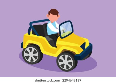 Dibujo plano caracter niño alegre conduciendo auto grande de juguete eléctrico. Un chico lindo divirtiéndose mientras conduce un coche de juguete. Niños conduciendo un pequeño coche en el parque de atracciones. Ilustración vectorial de diseño de dibujos animados