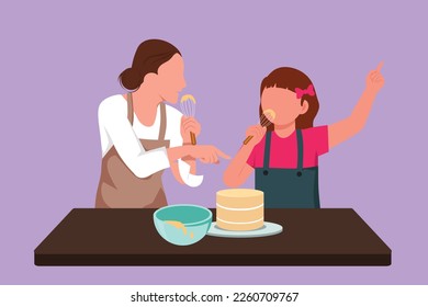 Dibujo plano de carácter alegre mamá y pequeña hija cantando mientras cocinan pastel dulce juntos, usando la espátula como micrófonos. Feliz madre e hijo en la cocina. Ilustración vectorial de diseño de dibujos animados