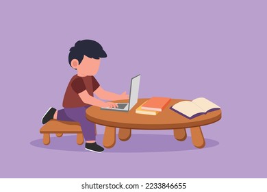 Character flat drawing child at computer and open book on table. Little boy learning online at desk with laptop. Student studying code. Kid at monitor programming. Cartoon design vector illustration