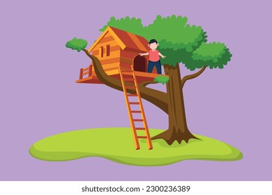Character flat drawing child on tree house. Happy little boy playing on children playground at school. Treehouse with wooden ladder, place for kids games on summer. Cartoon design vector illustration
