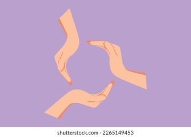 Character flat drawing circle icon made from three hands. Sign or symbol of love, protection, cooperation, care. Communication with hand gesture for human education. Cartoon design vector illustration