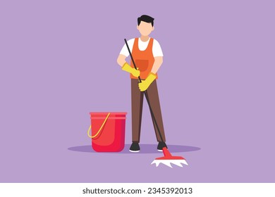 Personajes del personal de la empresa de limpieza de planos planos para trabajar con el equipo. Atractivo joven con baldes y lopas. Trabajadores domésticos más limpios y equipos de limpieza. Ilustración vectorial de diseño de dibujos animados