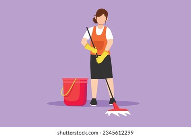 Character flat drawing cleaning company staff to work with the equipment. Beautiful woman with buckets and mops. Domestic cleaner worker and cleaners job equipment. Cartoon design vector illustration