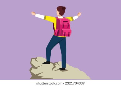 Carácter de mujer escaladora de plano con los brazos estirados sobre la montaña. Concepto motivacional ganador. Turista con mochila. Viajero en rocas de verano. Ilustración vectorial de diseño de dibujos animados