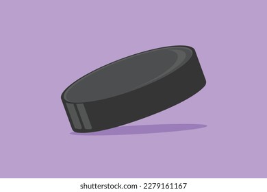 Character flat drawing closeup of ice hockey puck. Ice hockey American season competition and national tournament concept. Black ice hockey puck logo, label, symbol. Cartoon design vector illustration