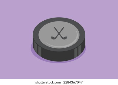 Dibujo plano de caracteres cerca de un disco de hockey sobre hielo. Concurso de la temporada de hockey sobre hielo americano y concepto de torneo nacional. Logo de la prueba de hockey sobre hielo negro, etiqueta, símbolo. Ilustración vectorial de diseño de dibujos animados