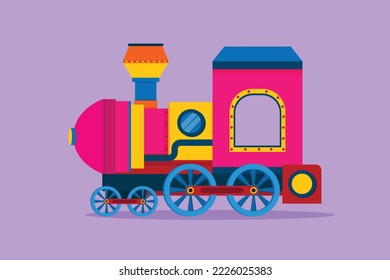 Character flat drawing of colorful toy train locomotive in the form of a roving steam system in an amusement park to transport passengers. Happy childhood memories. Cartoon design vector illustration