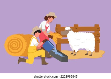 Character flat drawing couple farmer feed sheep with fresh grass to be healthy, produce the best milk, meat, fleece. Livestock worker activities. Successful farming. Cartoon design vector illustration