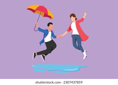 Character flat drawing of couple in love walking under rain with umbrella. Man and woman walking along city street and jumping. Married couple romantic relationship. Cartoon design vector illustration