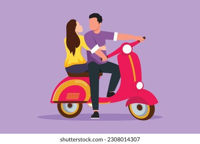 Character flat drawing couple and scooter vintage  pre  wedding concept  Happy man   cute woman and motorcycle  amorous relationship  Romantic road trip  journey  Cartoon design vector illustration