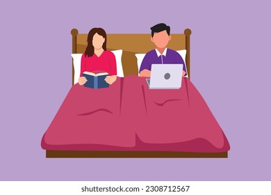 Persona pareja de dibujo plana que pasa tiempo en la cama con colchón cómodo antes de quedarse dormido. Hombre con laptop, navegando por internet. Mujer, leyendo libro de noche. Ilustración vectorial de diseño de dibujos animados
