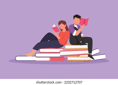 Character flat drawing couple student woman and man reading, learning and sitting on big books. Study in library. Literature fans or lovers. Education and knowledge. Cartoon design vector illustration