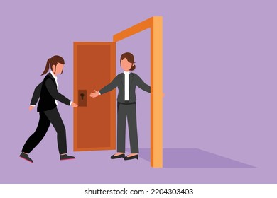 Character flat drawing cute businesswoman at the door welcomes her friend in. Female manager is inviting her friend to get into her house. Hospitality or friendship. Cartoon design vector illustration