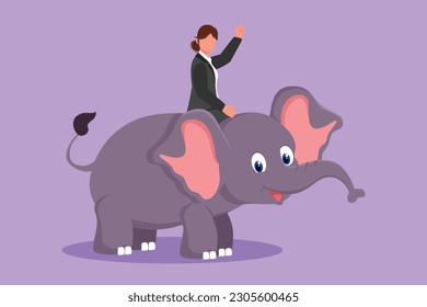 Character flat drawing cute businesswoman riding elephant symbol of success. Business metaphor, looking at goal, achievement, leadership. Professional entrepreneur. Cartoon design vector illustration