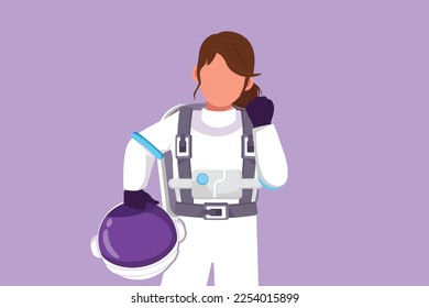 Character flat drawing cute female astronaut holding helmet with celebrate gesture wearing spacesuit ready to explore outer space in search of mysteries of universe. Cartoon design vector illustration