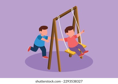 Character flat drawing cute little boy swinging on swing and his friend helped push from behind. Happy preschool kids friends playing together outside at playground. Cartoon design vector illustration
