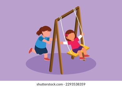 Dibujo plano de personajes linda niñita balanceándose y su amiga ayudó a empujarla desde atrás en la escuela. Niños jugando juntos en el parque infantil. Ilustración vectorial de diseño de dibujos animados
