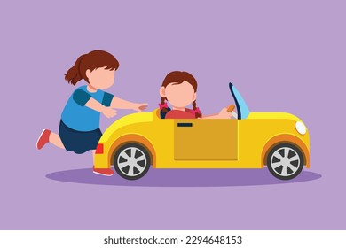 Character flat drawing cute little girl pushing her friend's car on road. Kids play with big toy car together. Sibling having fun with electric toy car at backyard. Cartoon design vector illustration