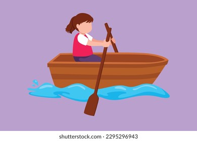 Character flat drawing cute little girl paddling boat at river. Pretty kids riding wooden boat. Kids rowing boat on lake. Happy children paddle boat on small river. Cartoon design vector illustration