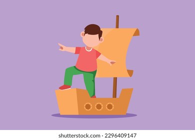 Character flat drawing of cute little boy playing sailor with boat made of cardboard box at school pool. Creative kid character playing ship made of cardboard boxes. Cartoon design vector illustration