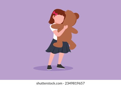 Character flat drawing cute little girl standing and hugging teddy bear. Portrait of expressive kid hugging her plush bear friend. Little girl playing with her doll. Cartoon design vector illustration