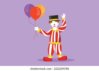 Character flat drawing cute male clown stands while holding several balloons in his right hand. Children really like the show. Success circus business entertainment. Cartoon design vector illustration