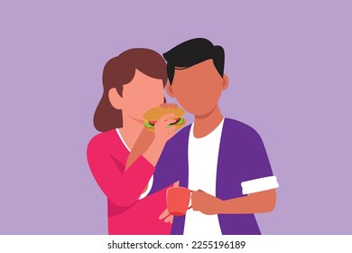 Character flat drawing cute man and woman eating one burger together. Happy couple sharing hamburger. Celebrate wedding anniversaries and having lunch at restaurant. Cartoon design vector illustration