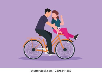 Dibujo plano de personajes linda pareja romántica en bicicleta de citas. Joven y mujer enamorada. Feliz matrimonio en bicicleta juntos. Encantador concepto de relación. Ilustración vectorial de diseño de dibujos animados