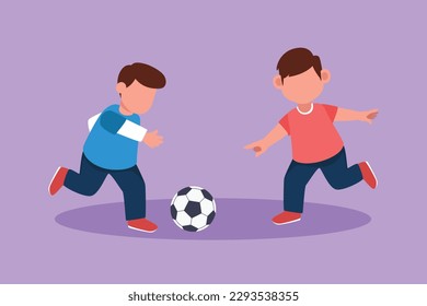 Character flat drawing cute young boys playing football together. Two happy little kids playing sport in uniform. Smiling children kicking ball by foot between them. Cartoon design vector illustration