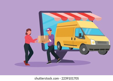 El coche de la caja de entrega de planos de caracteres sale en parte de la pantalla gigante del monitor y el mensajero masculino entrega el paquete al cliente femenino. Transporte de tiendas en línea. Ilustración vectorial de diseño de dibujos animados