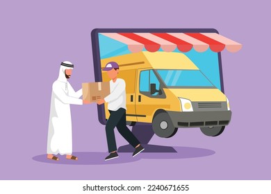 Character flat drawing delivery box car come out partly from big monitor screen and male courier give package box to Arab man customer. Online store transportation. Cartoon design vector illustration