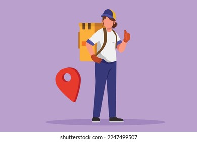 Character flat drawing delivery woman standing with thumbs up gesture and pin map symbol. Carrying package box that the customer has ordered to be delivered safely. Cartoon design vector illustration