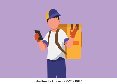 Distribuidor de planos planos de caracteres con smartphone para encontrar la dirección con gesto correcto y caja de paquetes de carga para ser entregado al cliente con el mejor servicio. Ilustración vectorial de diseño de dibujos animados
