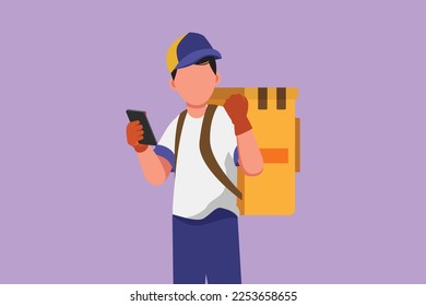 Character flat drawing deliveryman holding smartphone for finding address with celebrate gesture and carry package box to be delivered to customer with best service. Cartoon design vector illustration