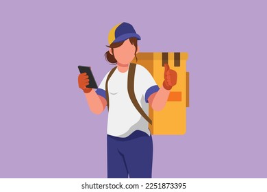 Character flat drawing deliverywoman holding smartphone for finding address with thumbs up gesture, carry package box to be delivered to customer with best service. Cartoon design vector illustration