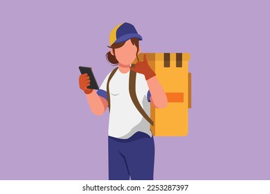 Character flat drawing deliverywoman holding smartphone for finding address with call me gesture and carry package box to be delivered to customer with best service. Cartoon design vector illustration