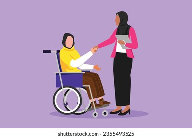 Character flat drawing disability employment responsibility, work for disabled people. Disable Arabian woman sit in wheelchair shaking hand with colleague in office. Cartoon design vector illustration