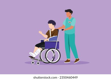 Carácter plano niño pequeño discapacitado con la mano rota, silla de ruedas en la pierna con ayuda de enfermero. Niños pacientes en un hospital de traumatología. Concepto de discapacidad. Ilustración vectorial de diseño de dibujos animados